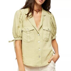 Free People Green Relaxed Linen Blend Button Down Top size Large